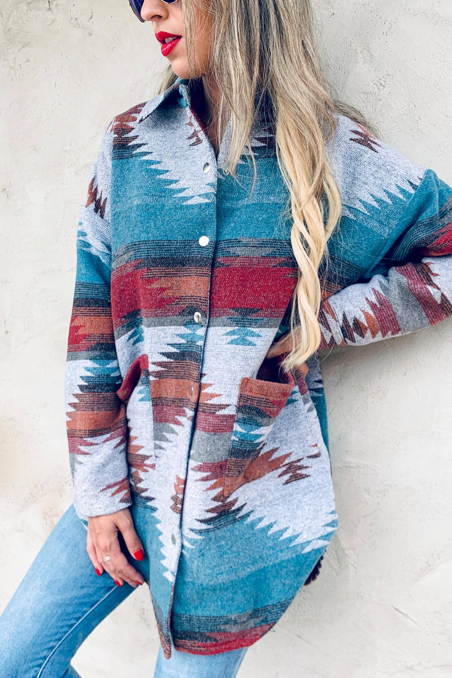 Aztec Printed Side Button Down Detail Oversized Jacket