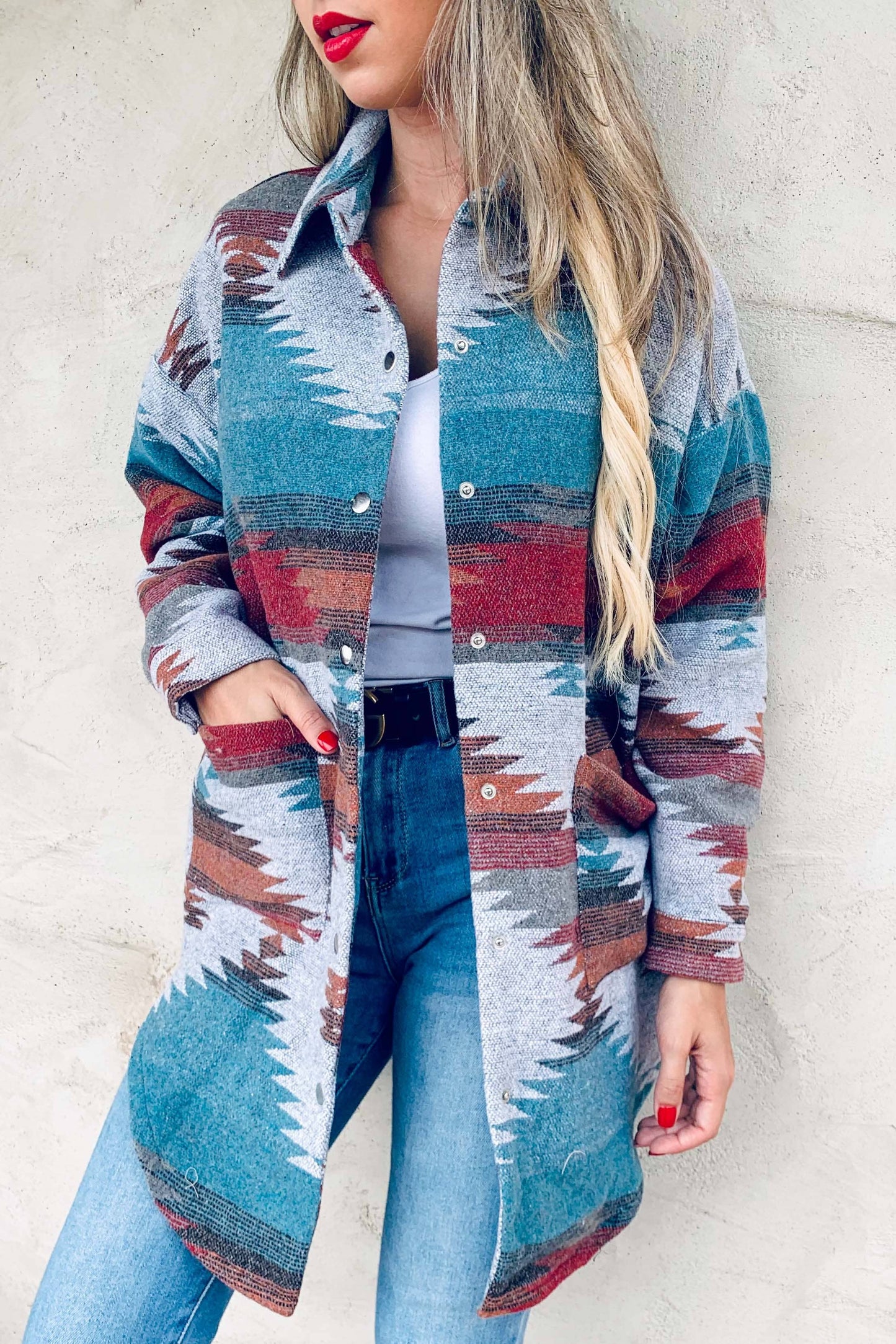 Aztec Printed Side Button Down Detail Oversized Jacket