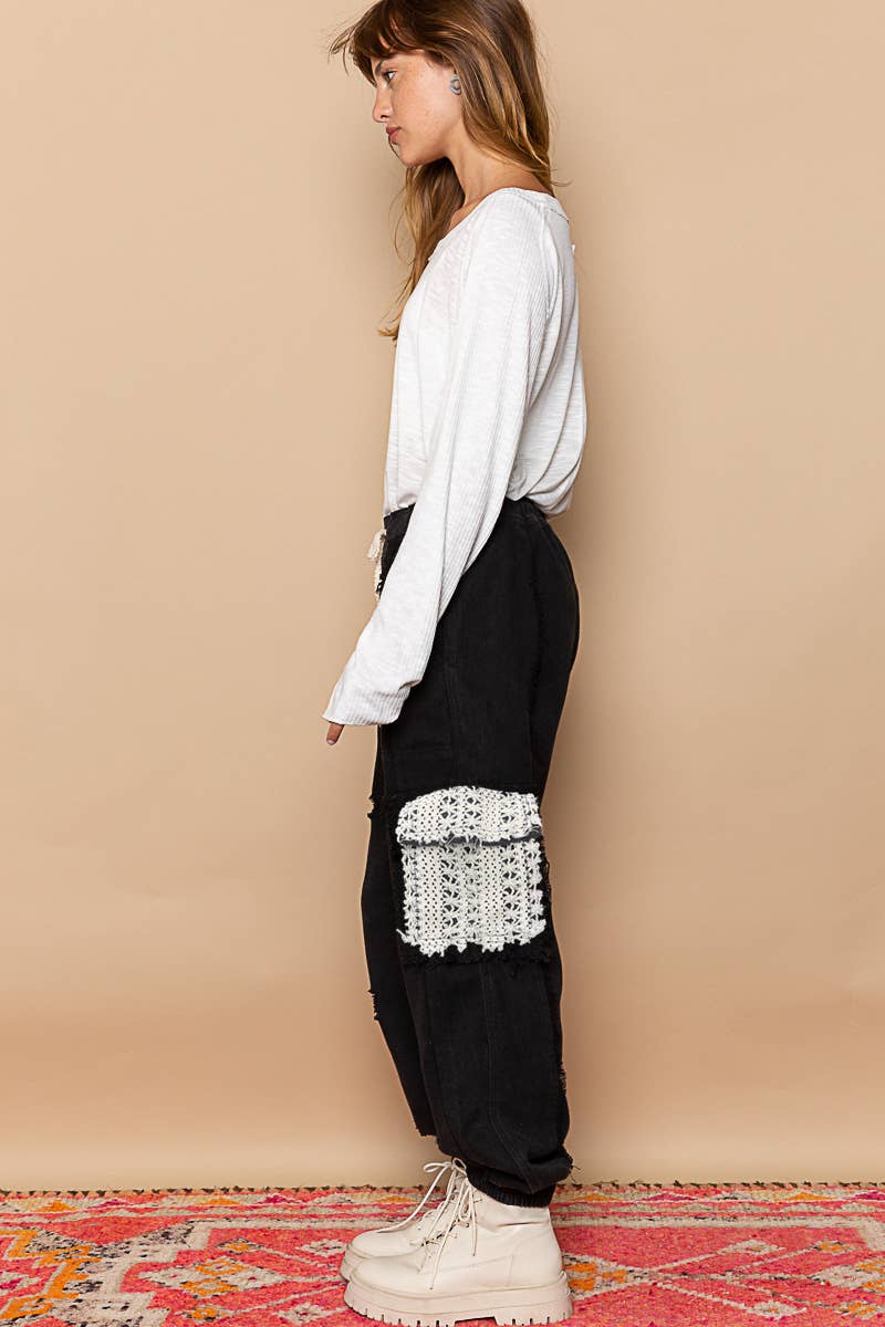 Black Tie waistband contrast crochet cargo pockets denim joggers