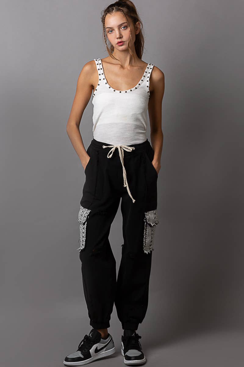 Black Tie waistband contrast crochet cargo pockets denim joggers