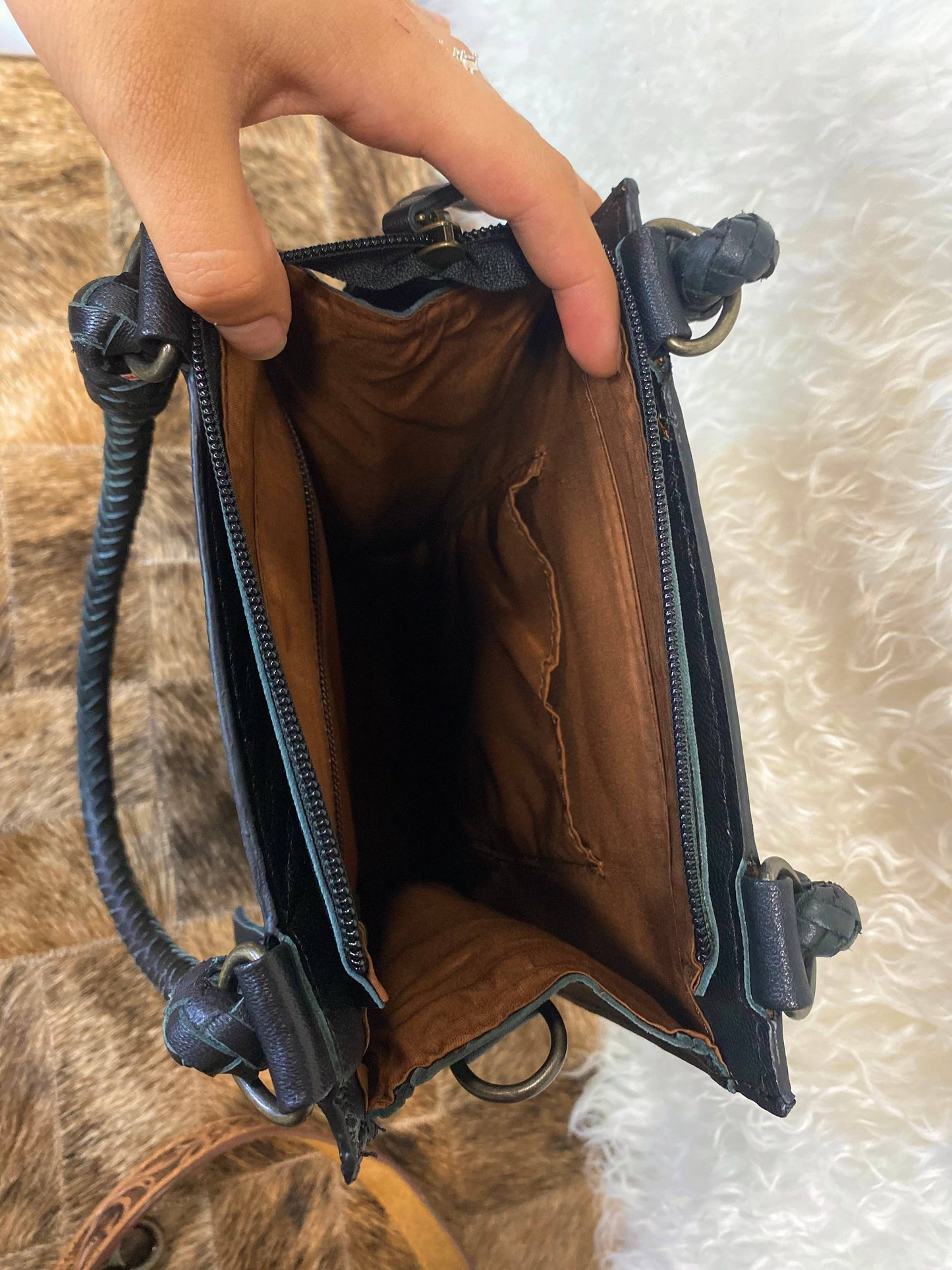 Black Tooled Cowhide Crossbody Aces