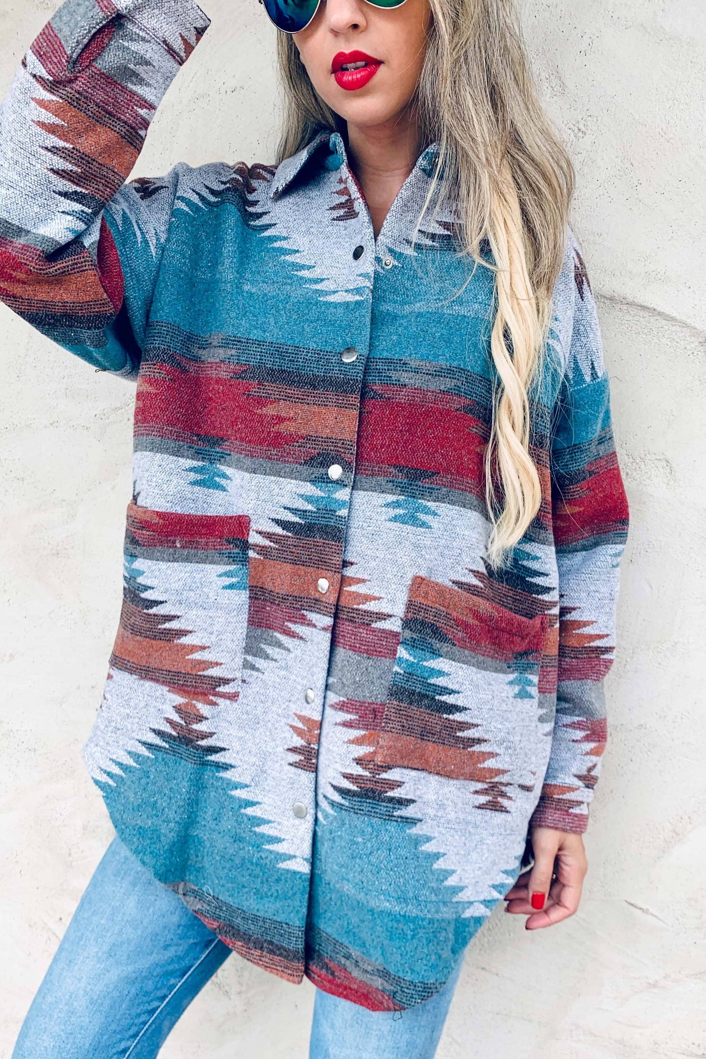 Aztec Printed Side Button Down Detail Oversized Jacket