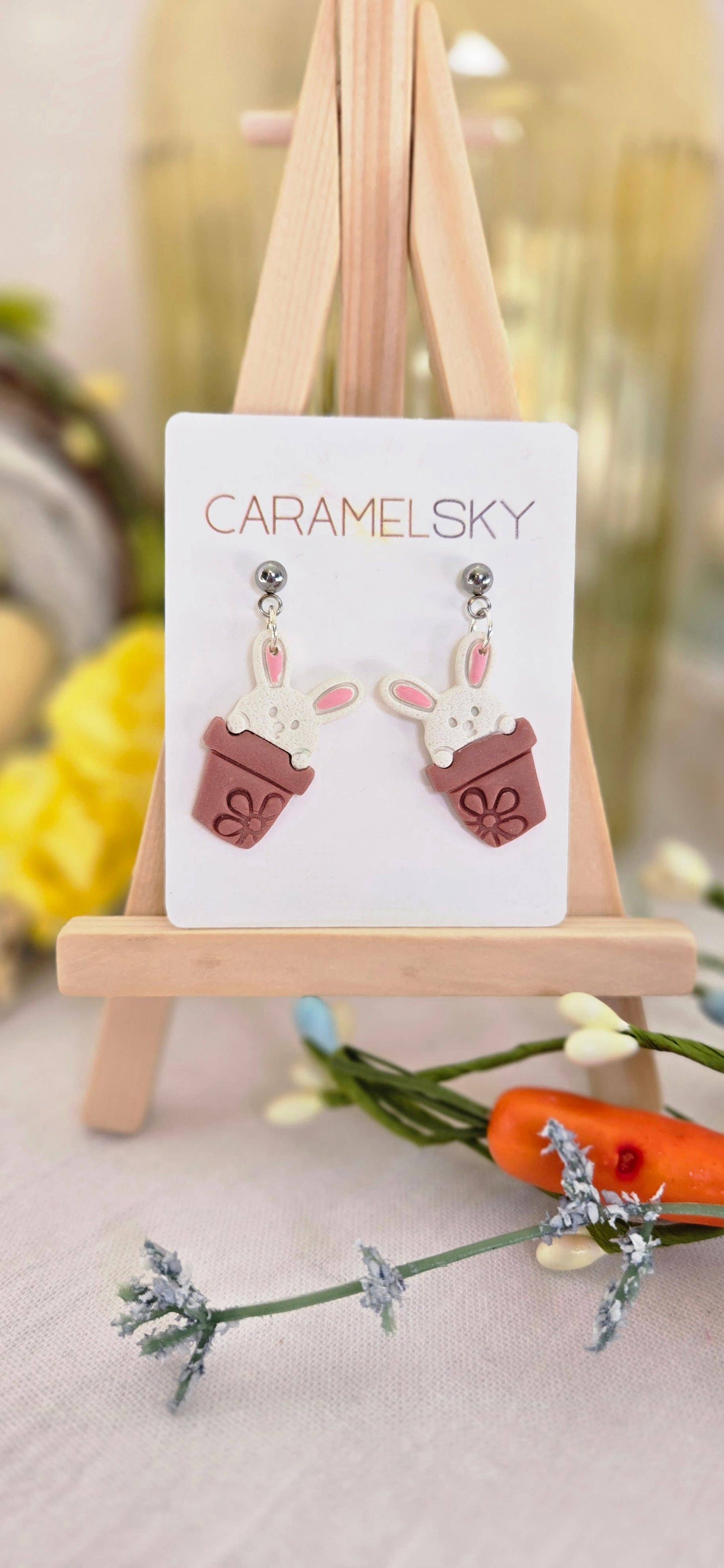 Easter Bunny Flower Pot Clay Earrings