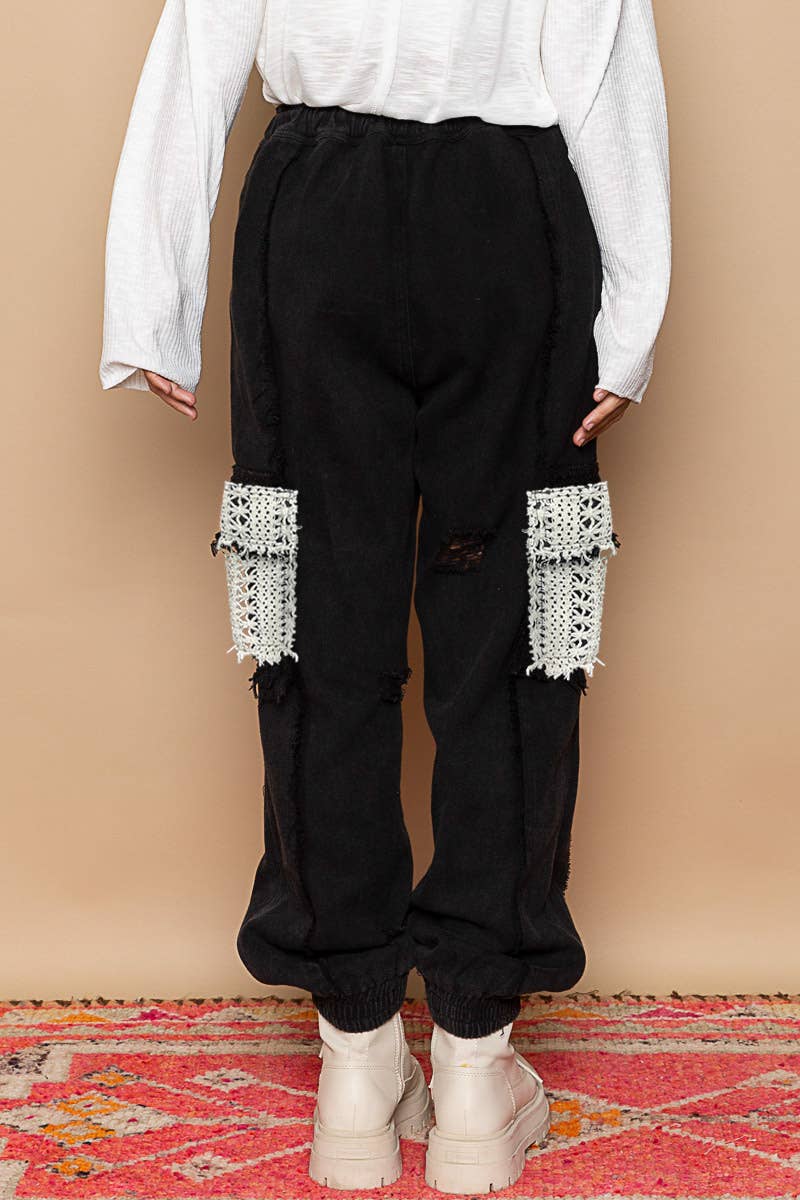 Black Tie waistband contrast crochet cargo pockets denim joggers