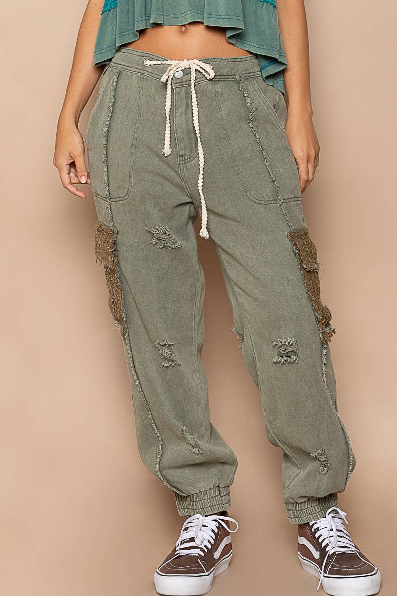 Tie waistband contrast crochet joggers