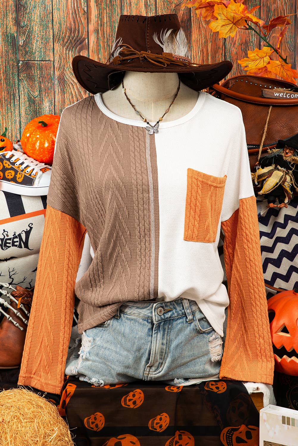 Halloween Long Sleeve Colorblock Pocket Textured Knit Top