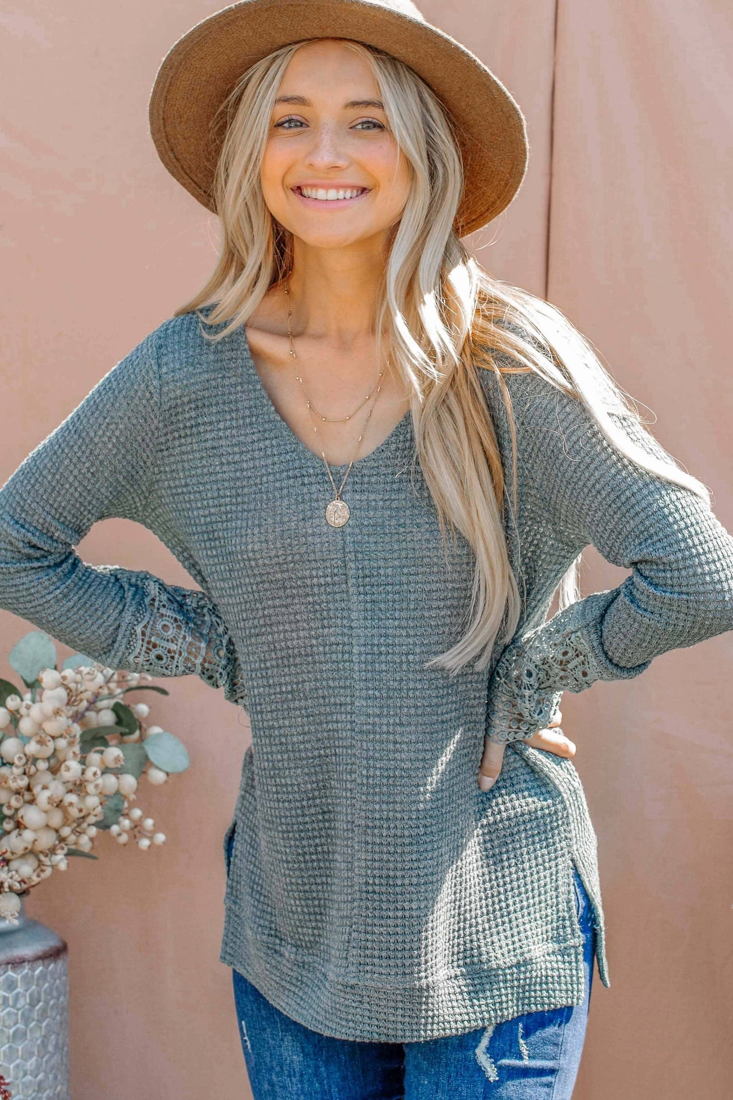 Waffle Lace Sleeve Edge Detailed Casual Top