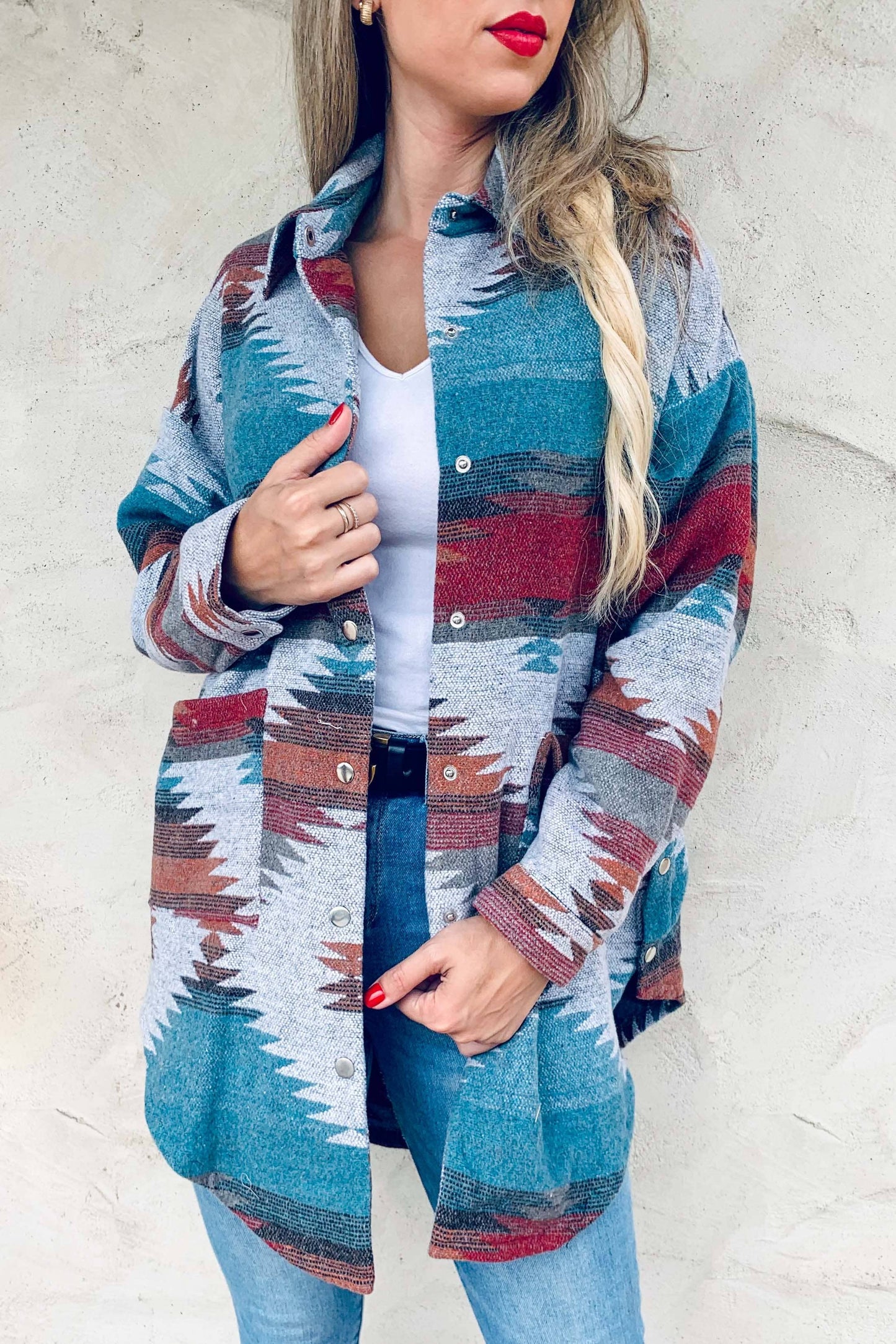 Aztec Printed Side Button Down Detail Oversized Jacket