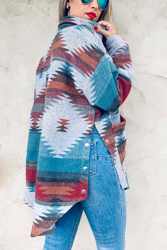Aztec Printed Side Button Down Detail Oversized Jacket