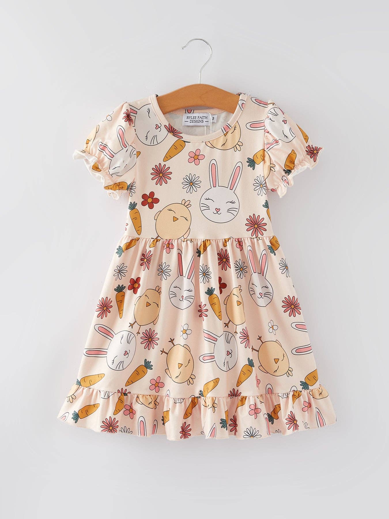 Easter Bunny Chick Print Puff Sleeves Girls Dress