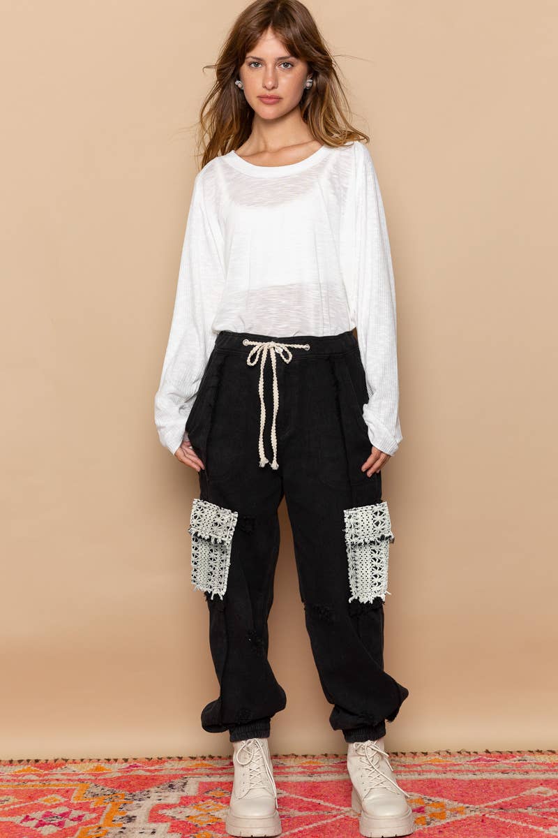 Black Tie waistband contrast crochet cargo pockets denim joggers