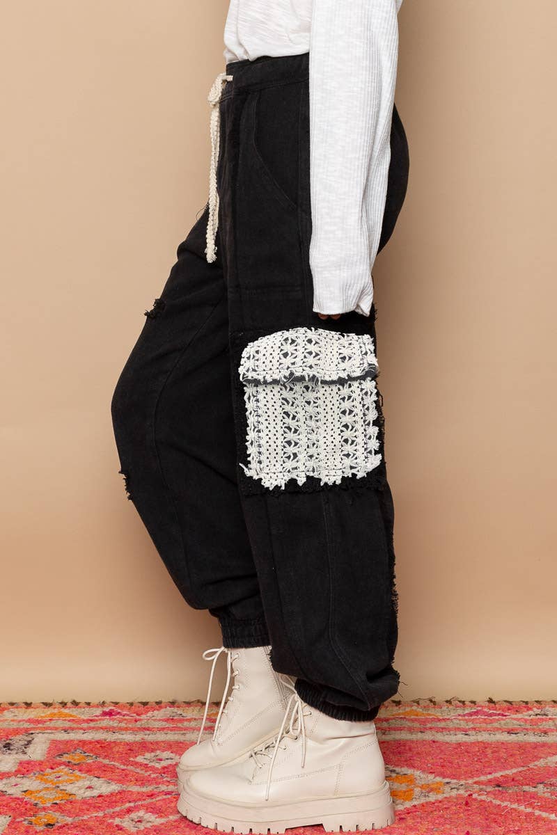 Black Tie waistband contrast crochet cargo pockets denim joggers