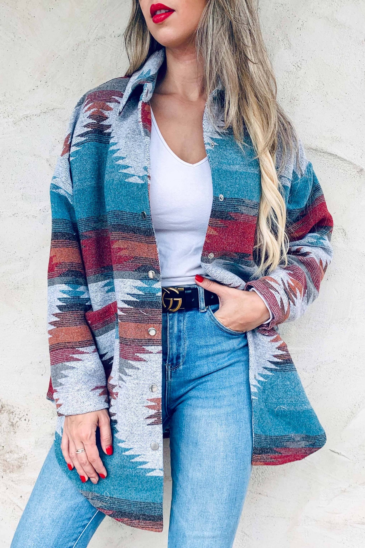 Aztec Printed Side Button Down Detail Oversized Jacket