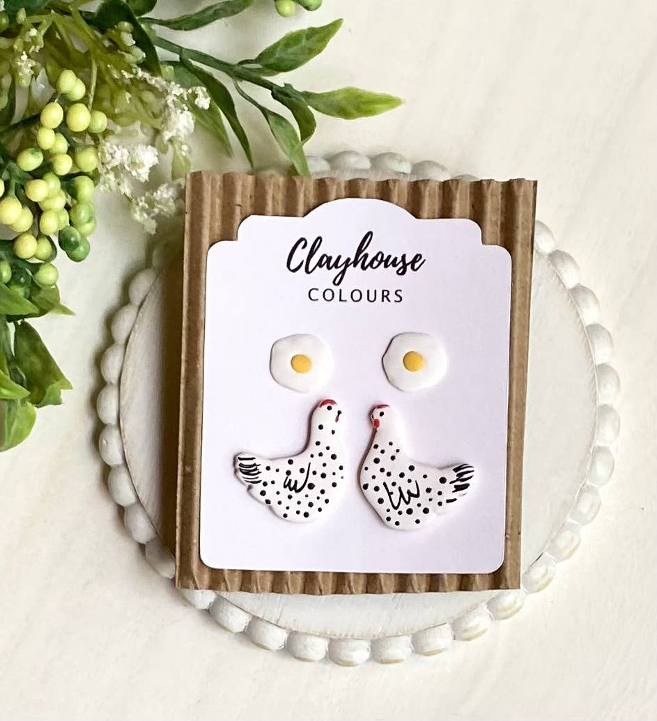 White Chicken & Eggs Clay Earrings