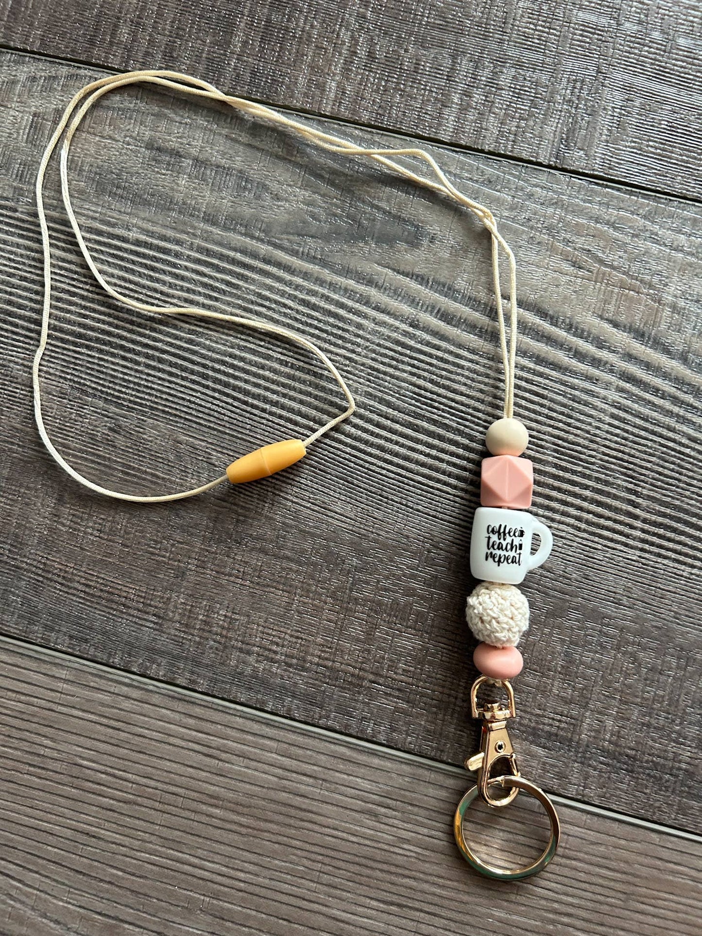 Coffee Teach Repeat Wood and Silicone Lanyard