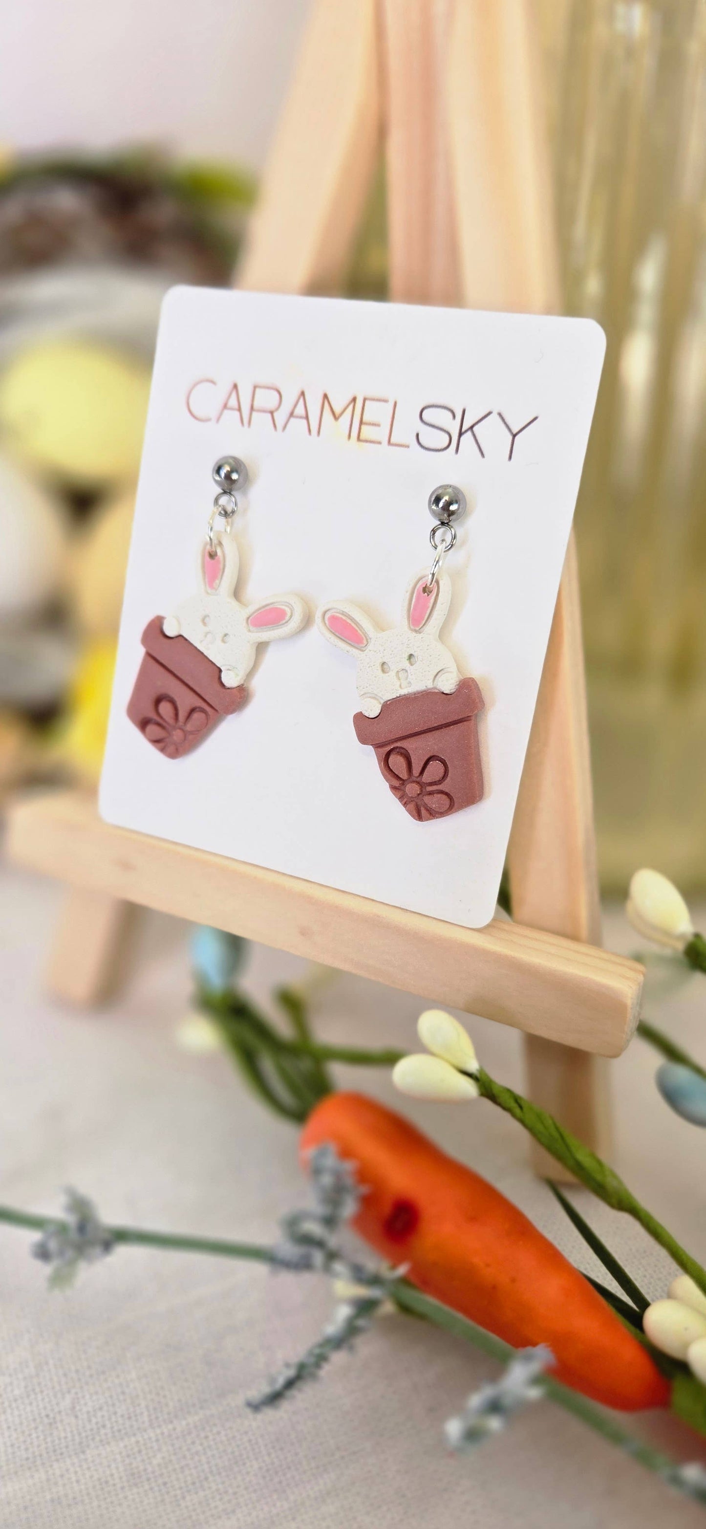 Easter Bunny Flower Pot Clay Earrings