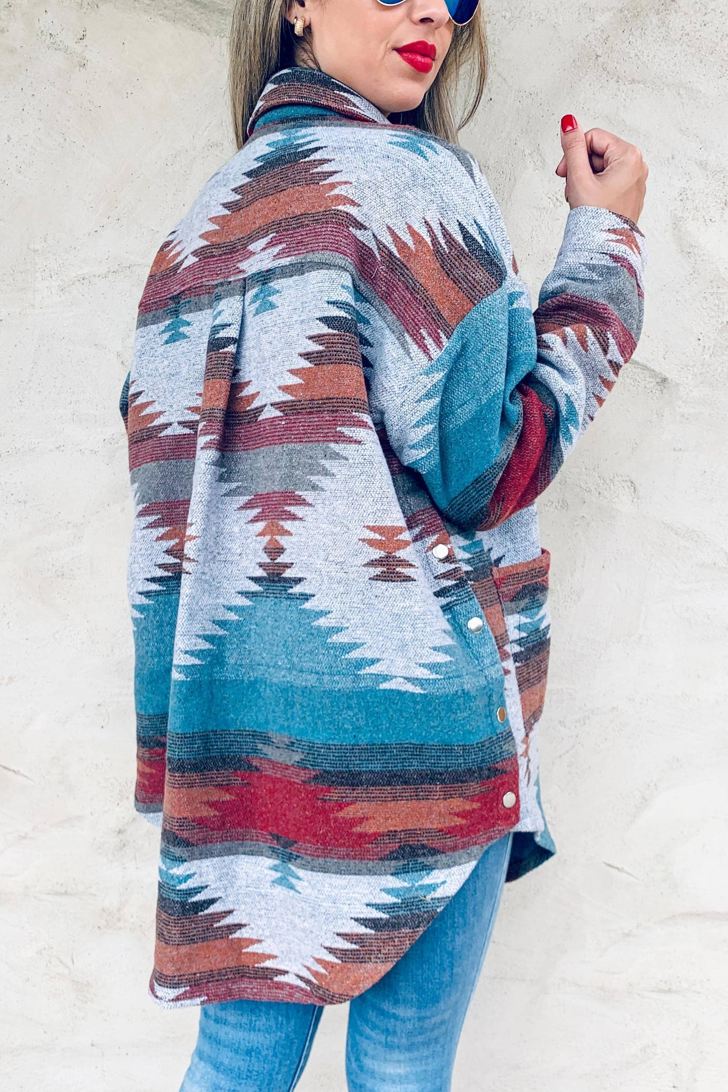 Aztec Printed Side Button Down Detail Oversized Jacket