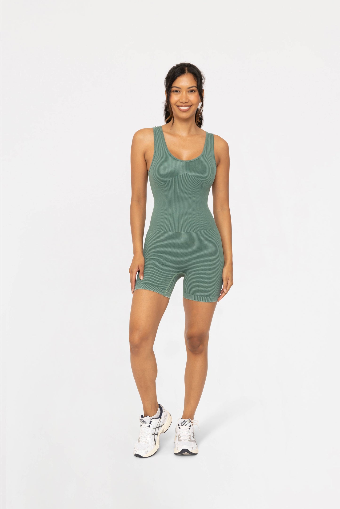 Blue Mineral Wash Ribbed Active Romper