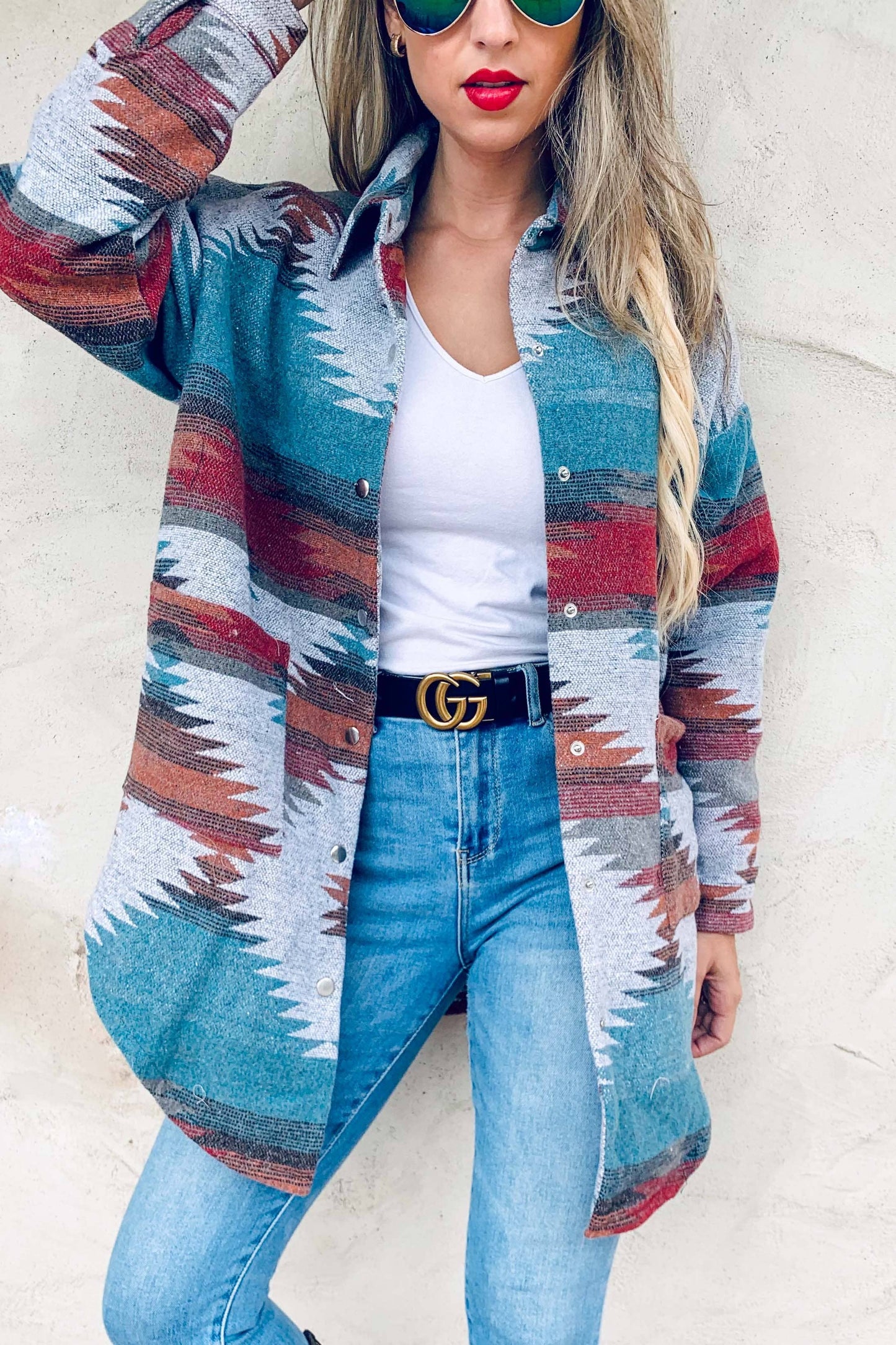 Aztec Printed Side Button Down Detail Oversized Jacket