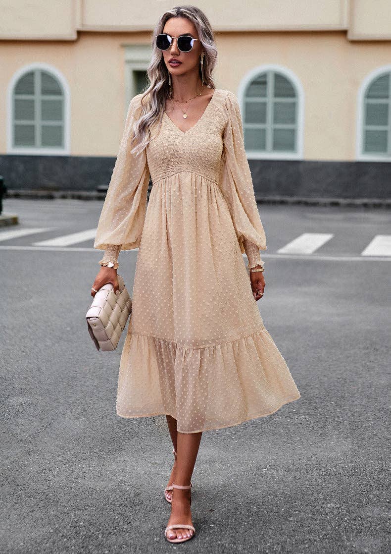 - Apricot Casual V-Neck Lantern Sleeve Long Dress - Apricot Casual V-Neck Lantern Sleeve Long Dress
