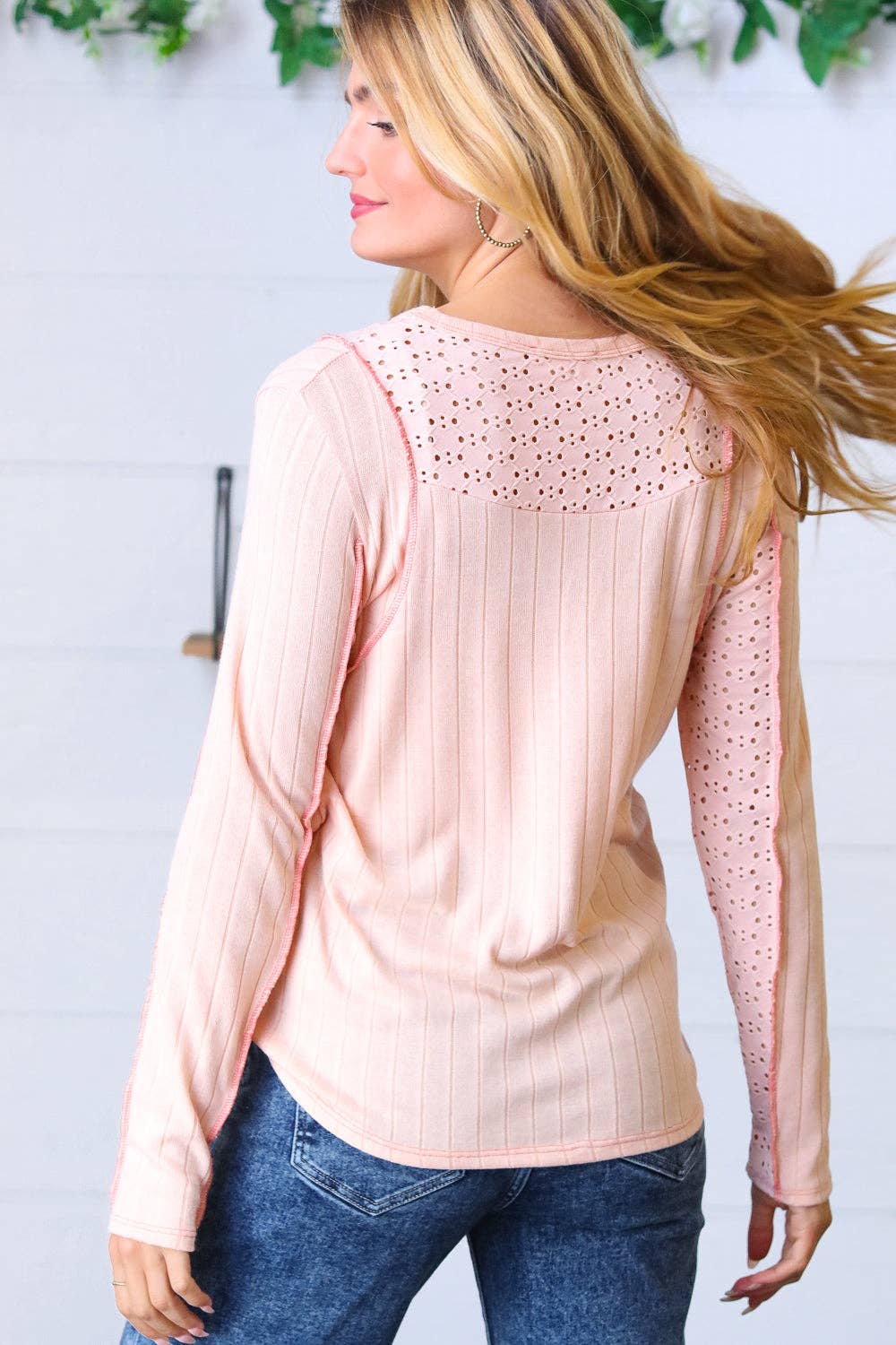 Peach Wide Rib Knit Eyelet Yoke To