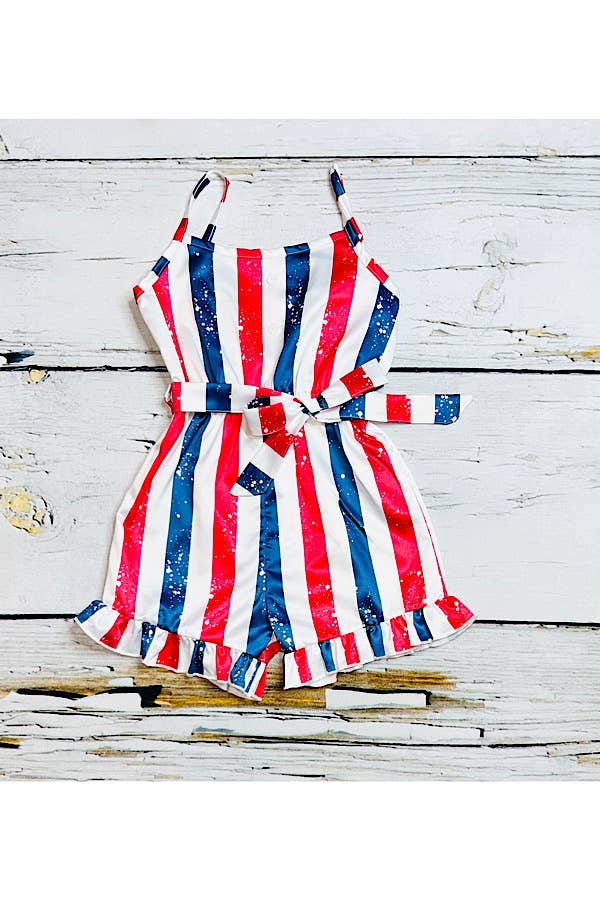 luluclothes - DLH2452 Red, white, & blue patriotic satin girls romper: S-2/3