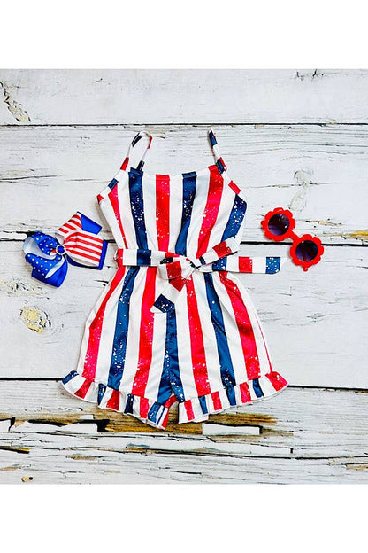 luluclothes - DLH2452 Red, white, & blue patriotic satin girls romper: S-2/3