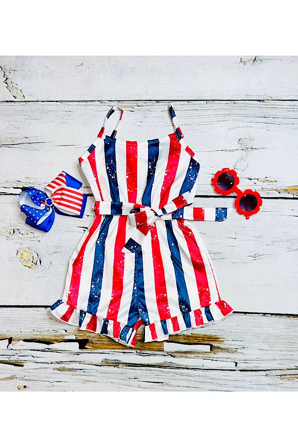 luluclothes - DLH2452 Red, white, & blue patriotic satin girls romper: XXXL-7/8