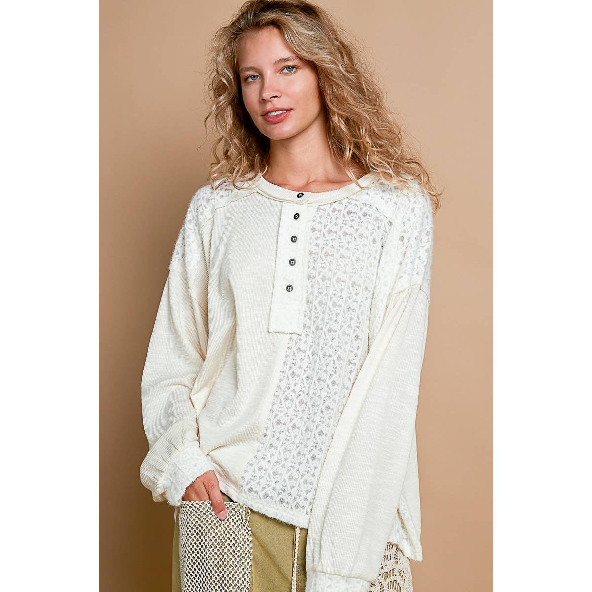 Long sleeve lace paneling knit top