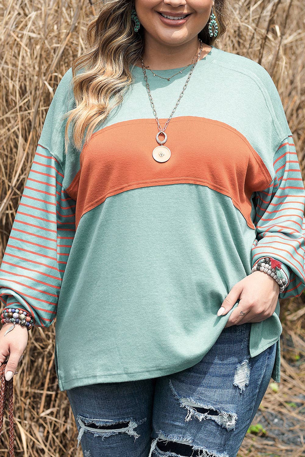 Green Striped Long Sleeve Colorblock Tee