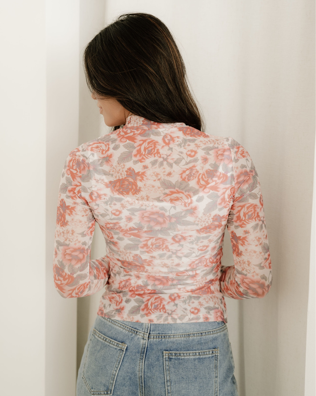 Ophelia Floral Print Mock Neck Mesh Long Sleeve Top