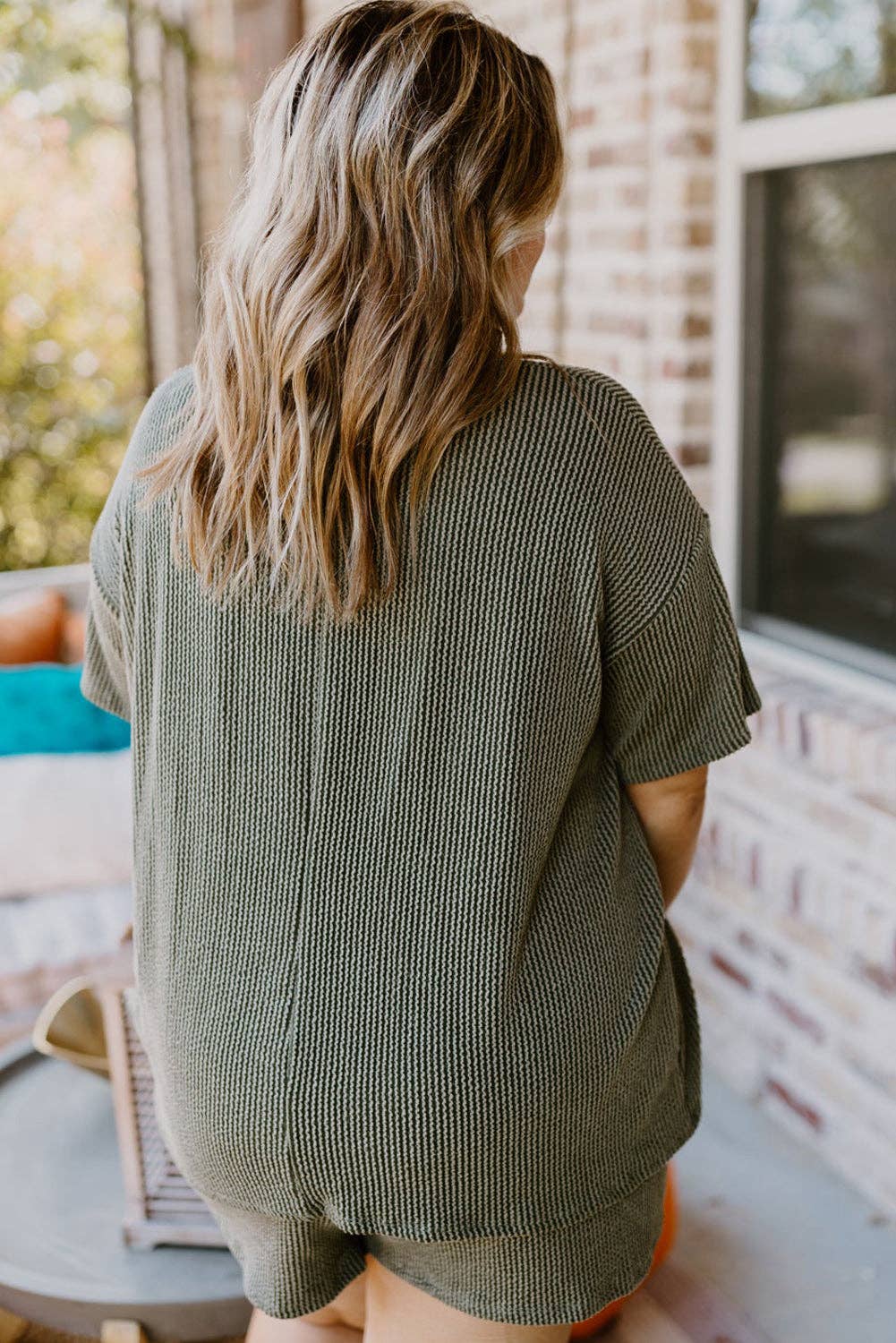 Green Rib Knit Short Sleeve Top and Shorts Set