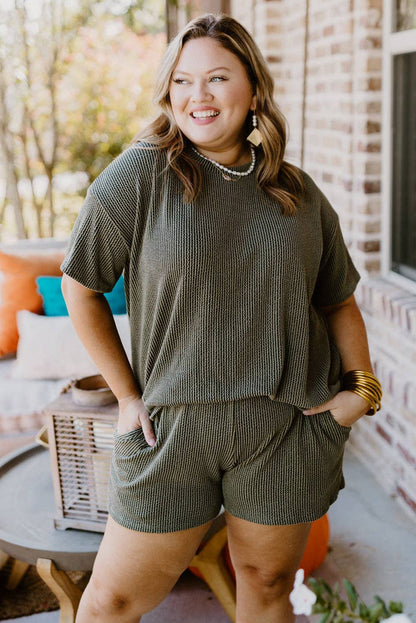 Green Rib Knit Short Sleeve Top and Shorts Set