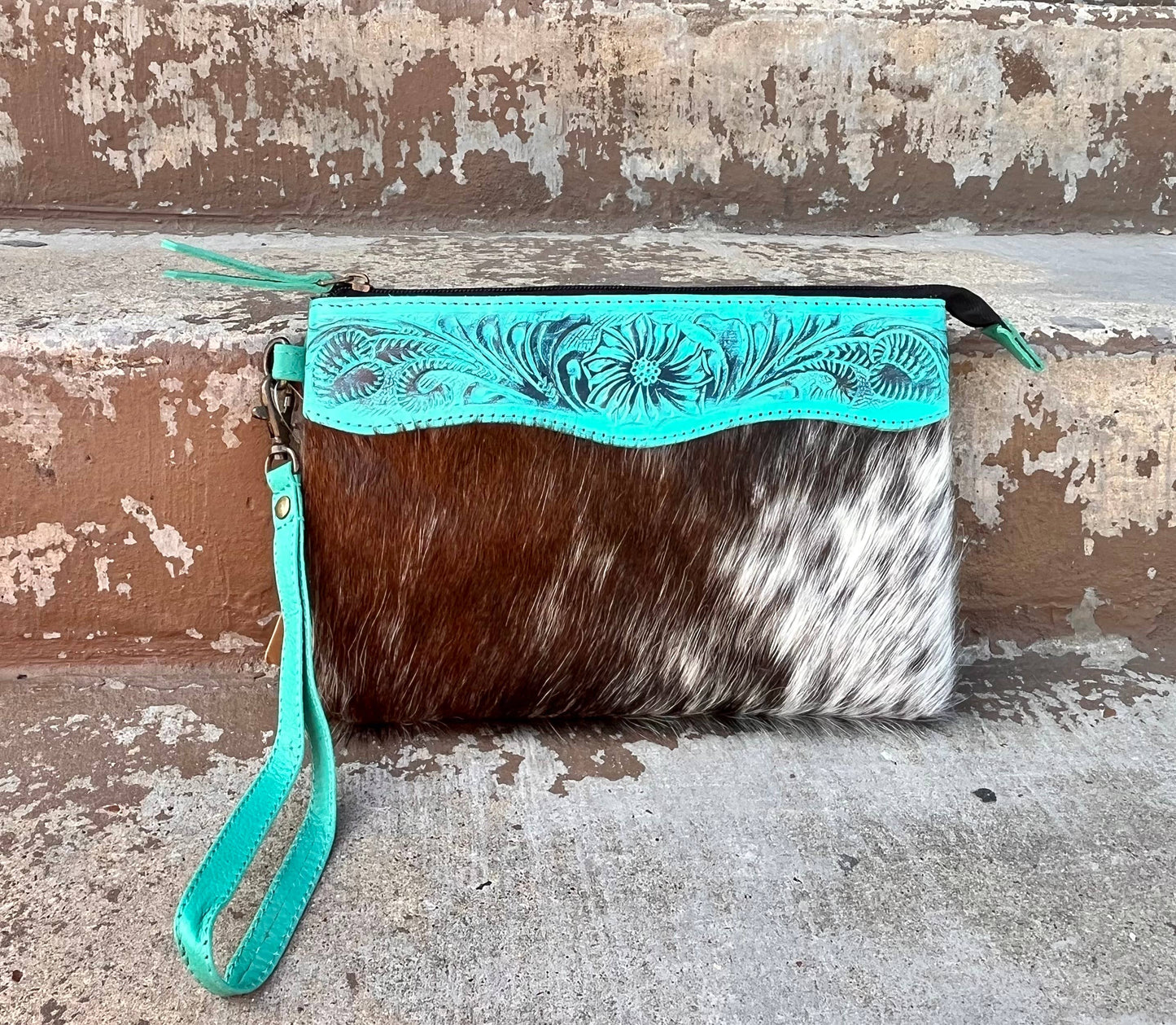 Tooled Cowhide Wristlet Pouch: Turquoise