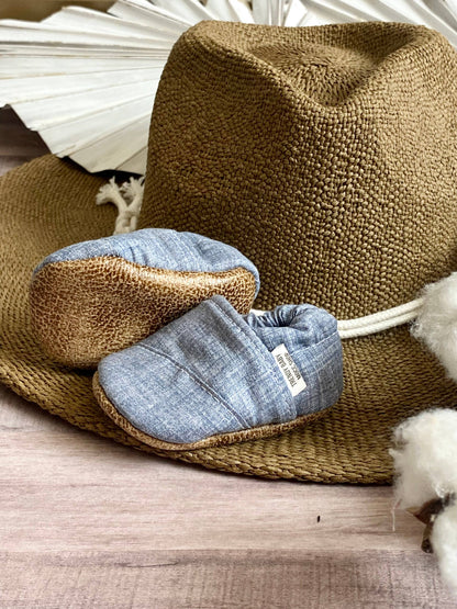 Blue Linen Angled moccasins 6-9mo