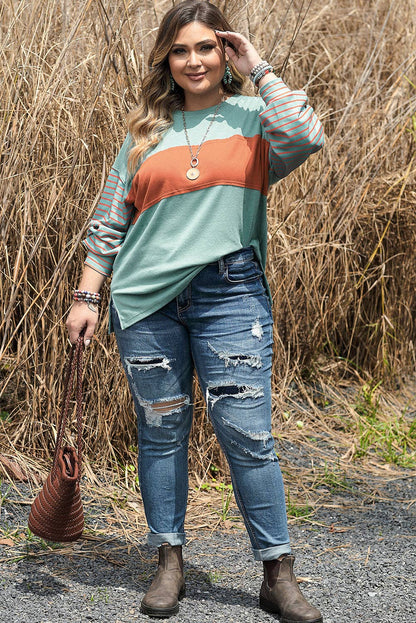 Green Striped Long Sleeve Colorblock Tee