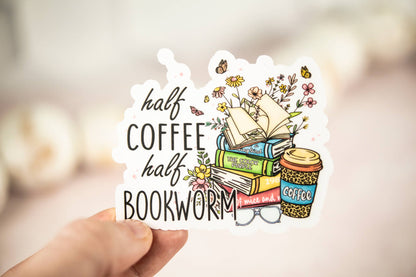 Savannah and James Co - Half Coffee Half Bookworm, Floral Vinyl Sticker, 3x3 in.