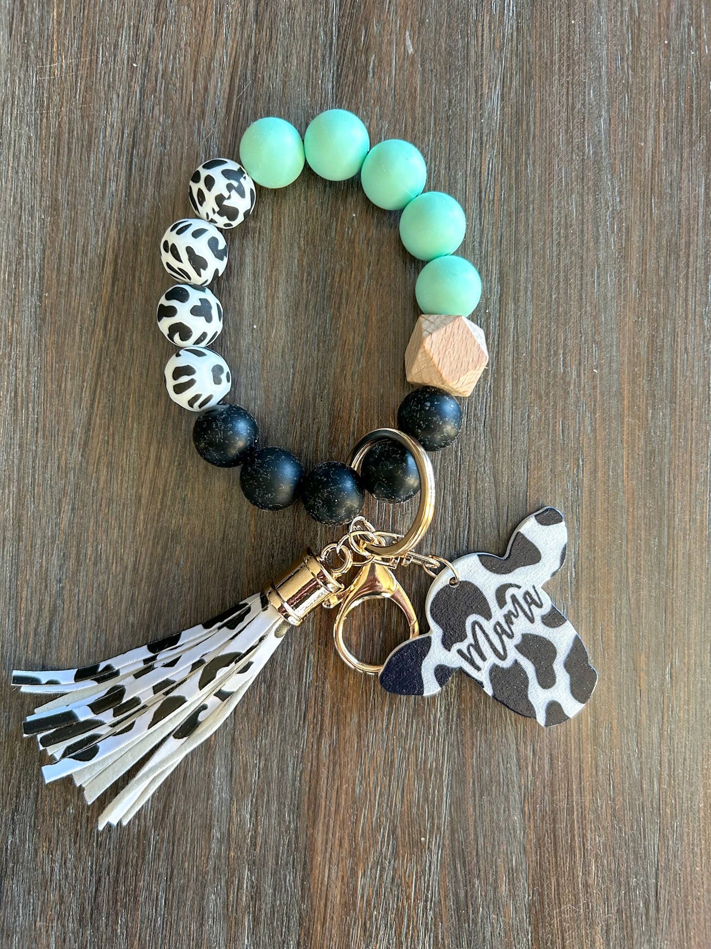 Cow Mama Keychain Wristlet: Teal