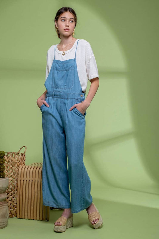 Wide leg chambray overalls