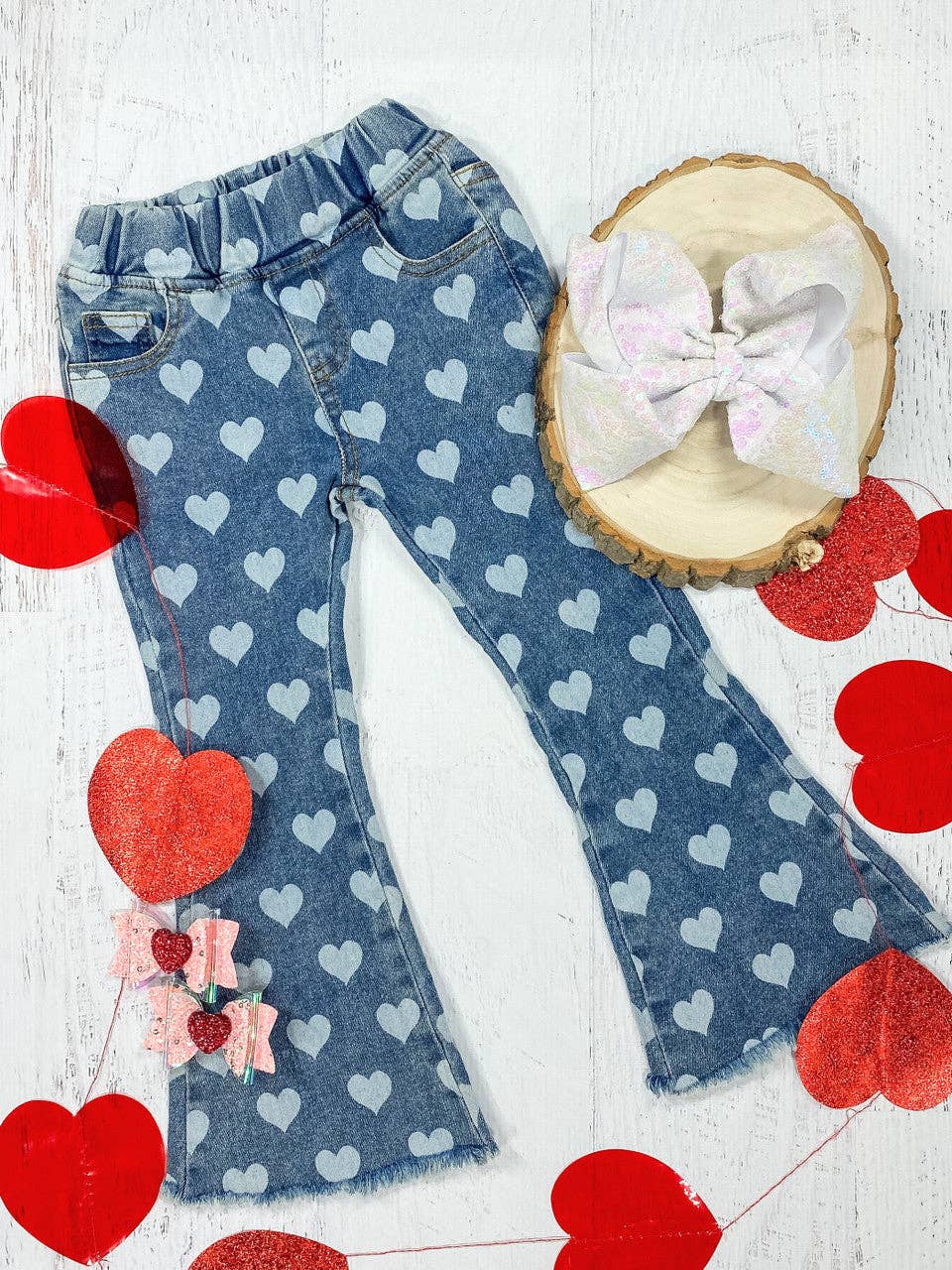 Heart Print Bell Bottom Jeans