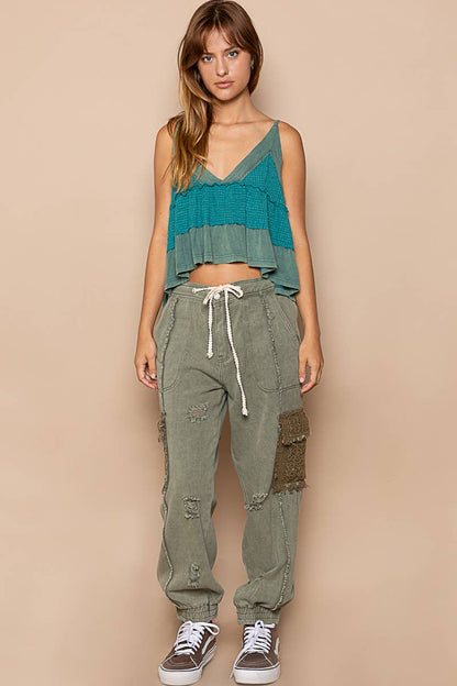 Tie waistband contrast crochet joggers