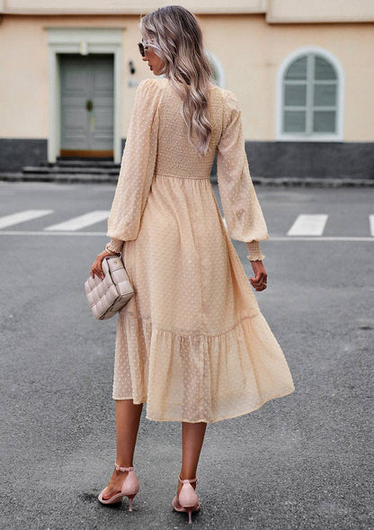 - Apricot Casual V-Neck Lantern Sleeve Long Dress