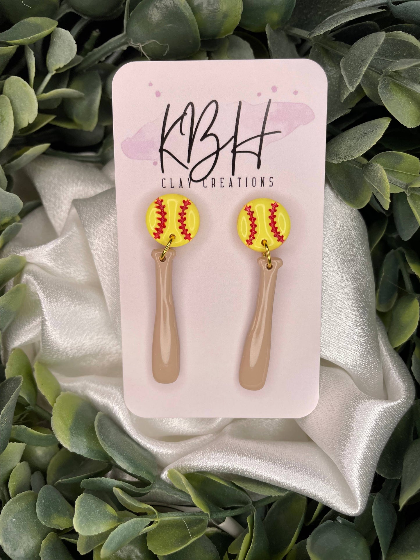 Softball/Baseball Bat Dangle Handmade Clay Earrings: Softball