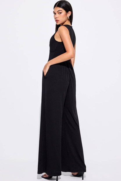 Black Sleeveless Cinched Waist Wide Leg Jumpsuit