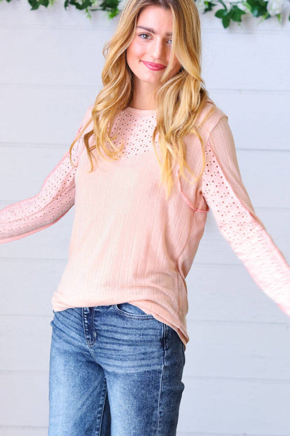 Peach Wide Rib Knit Eyelet Yoke To