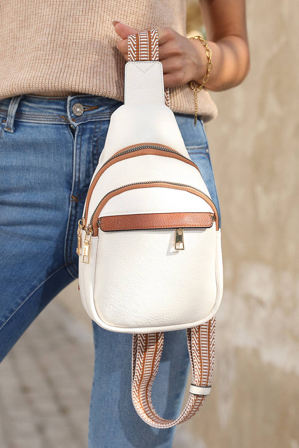 Suhkasana - White Multi Zipped Street Casual Sling Bag: White / 95%PU+5%Alloy / ONE SIZE