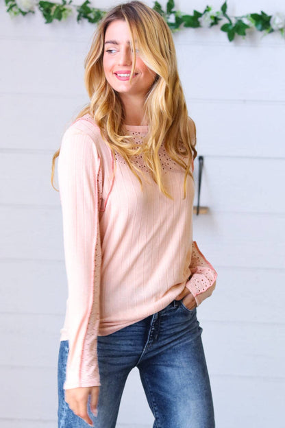 Peach Wide Rib Knit Eyelet Yoke To