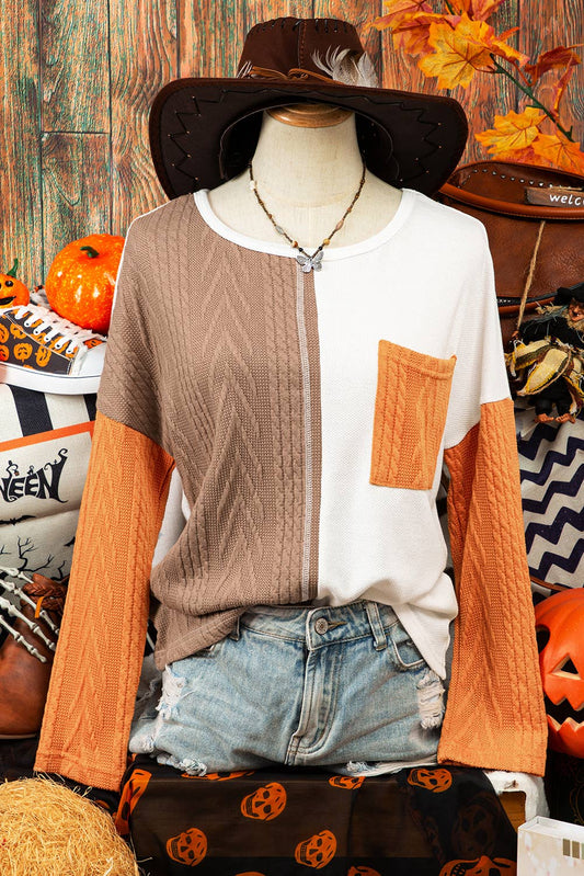 Halloween Long Sleeve Colorblock Pocket Textured Knit Top
