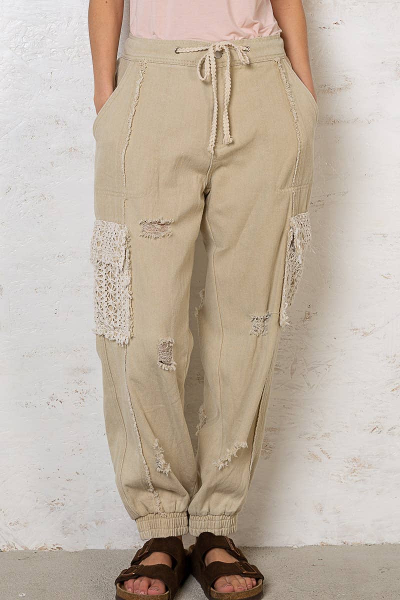 Tie waistband contrast crochet joggers