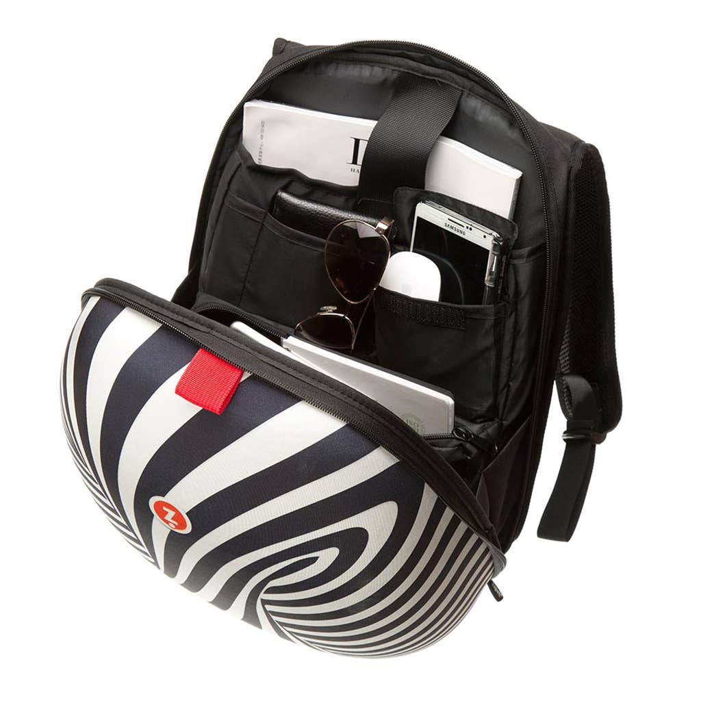 Black and white hard shell backpack